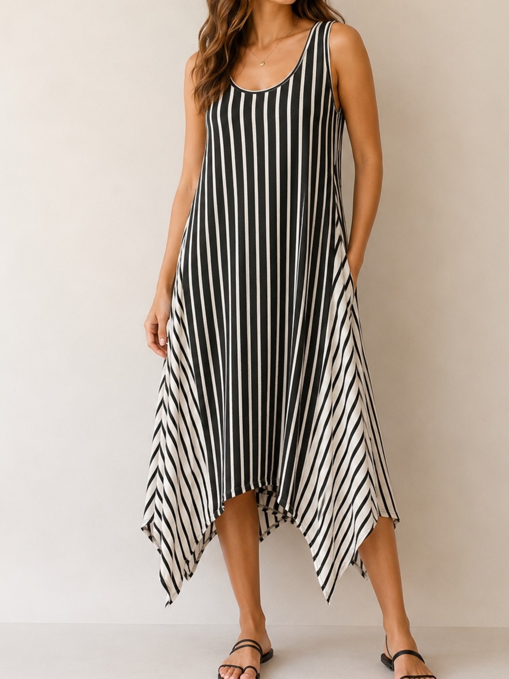 Sleeveless Black & White Striped Asymmetrical Handkerchief Hem Dress
